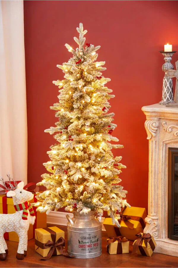 Realistic Pencil Christmas Tree with Lights and Metallic Planter