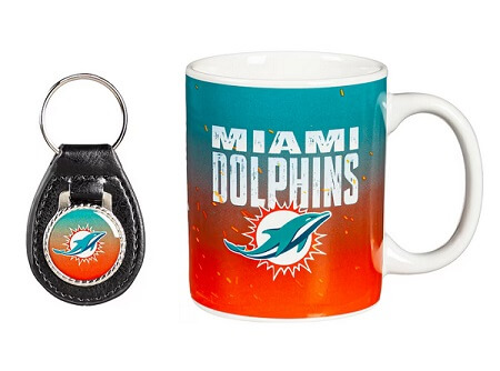 Miami Dolphins Coffee Mug and Leather Keychain Gift Set