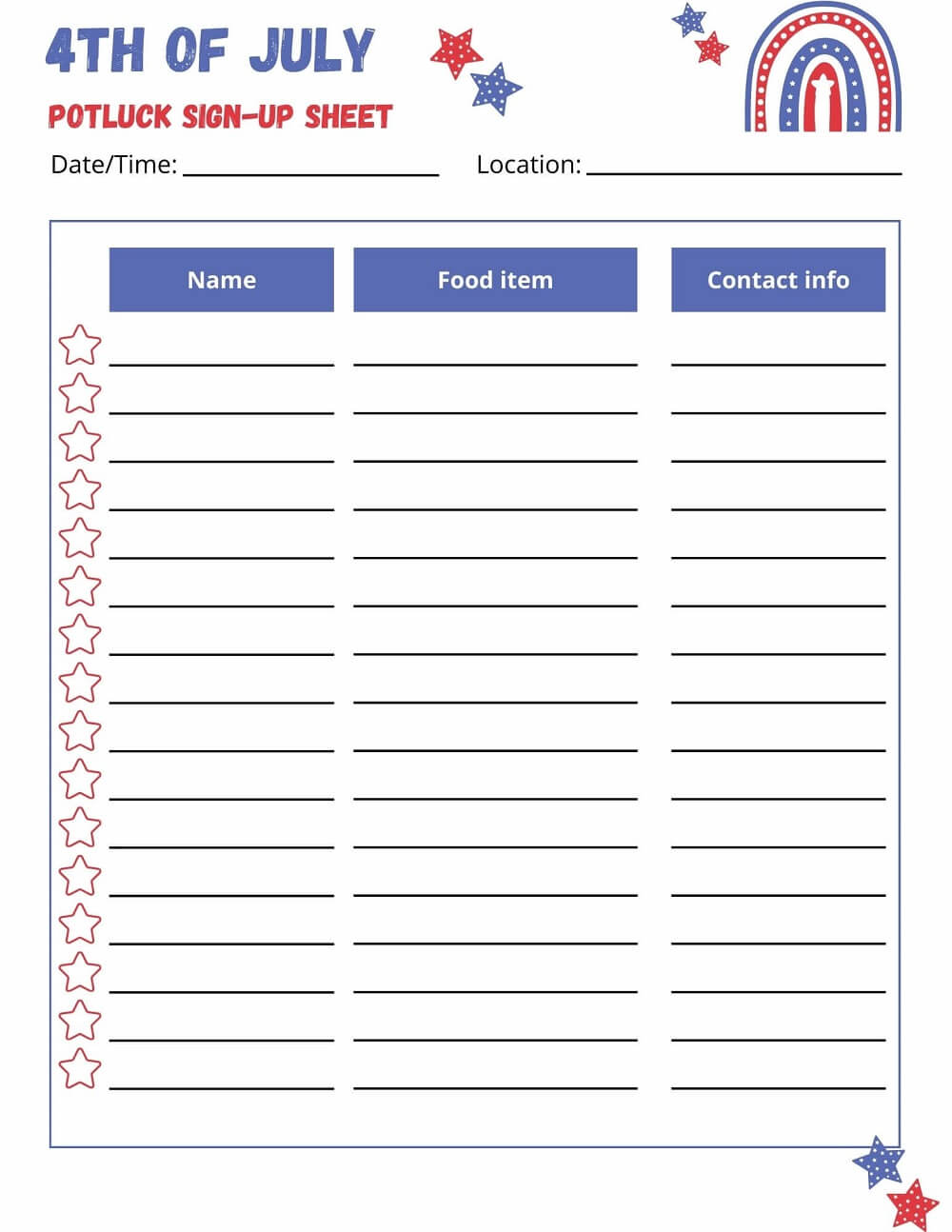 4th of July Potluck Sign Up Sheet Boho Stars