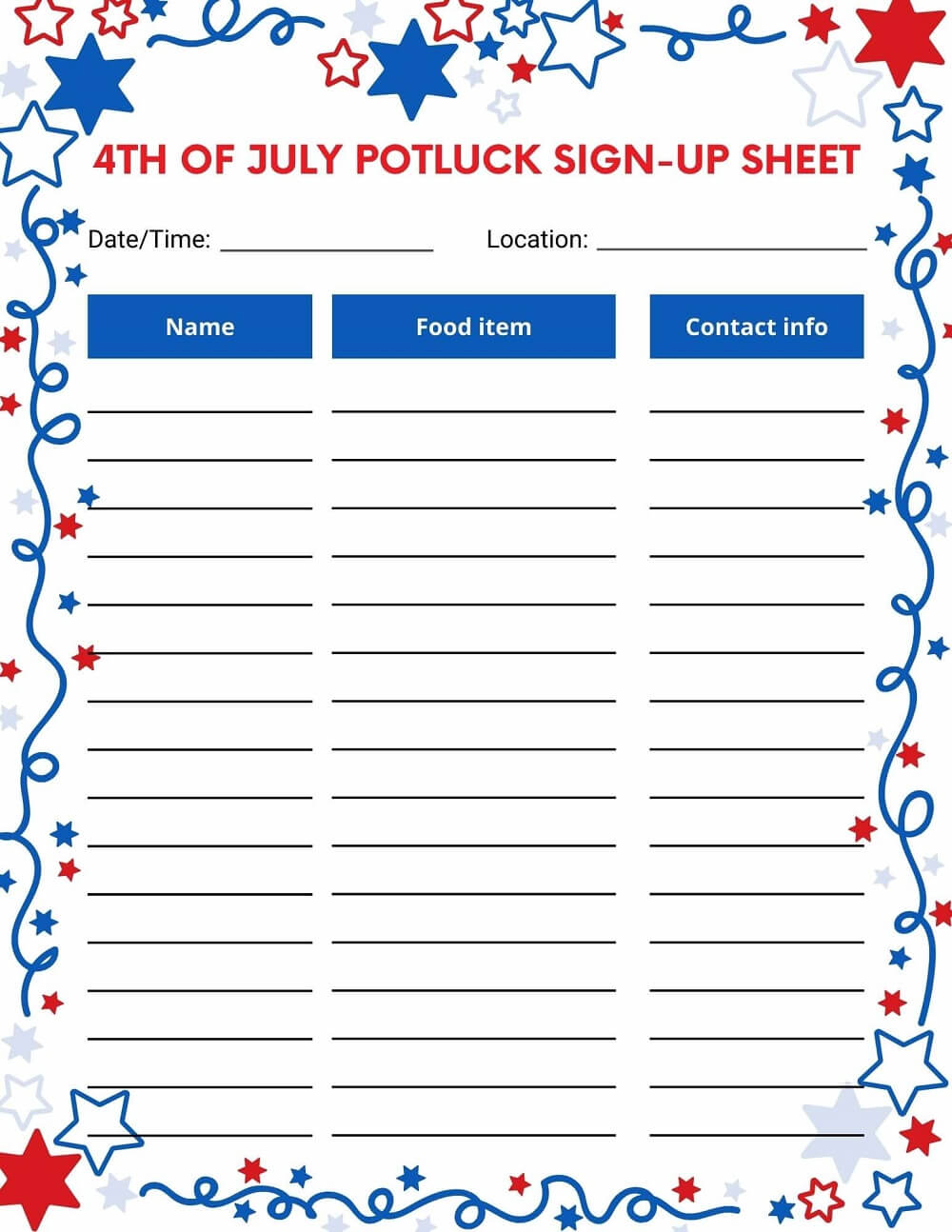 4th of July Potluck Sign Up Sheet Stars