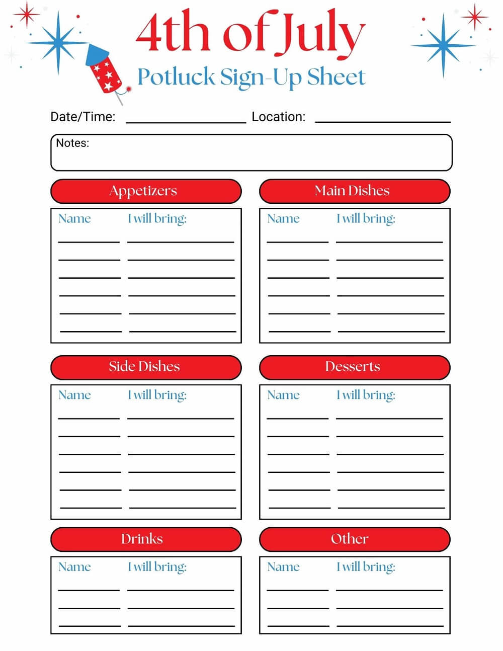 4th of July Potluck Sign Up Sheet