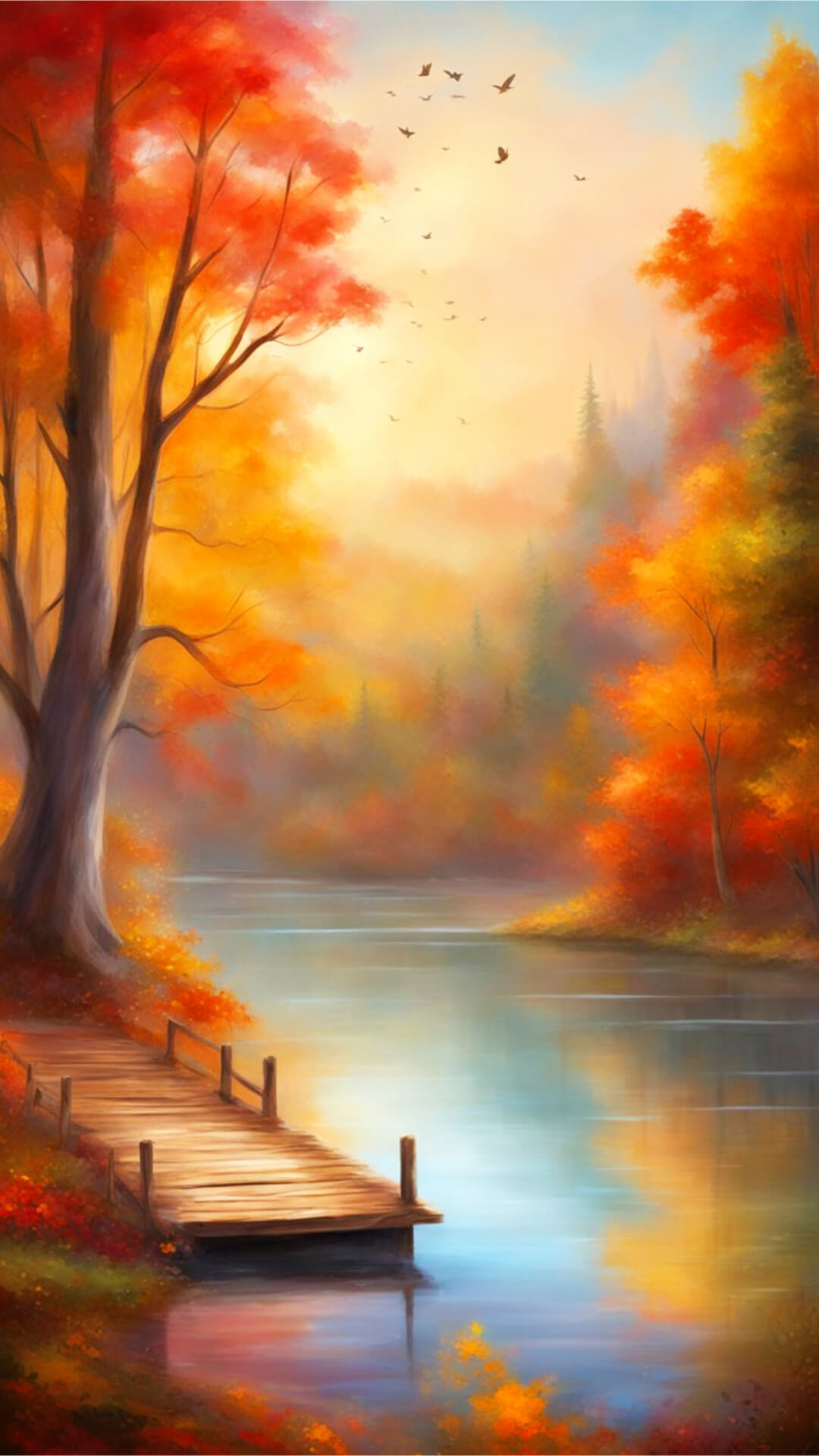 Autumn lake with boardwalk Phone Wallpaper