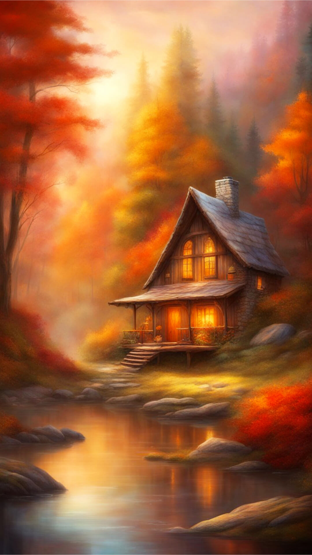 Cozy Fall Forest Cabin Phone Wallpaper