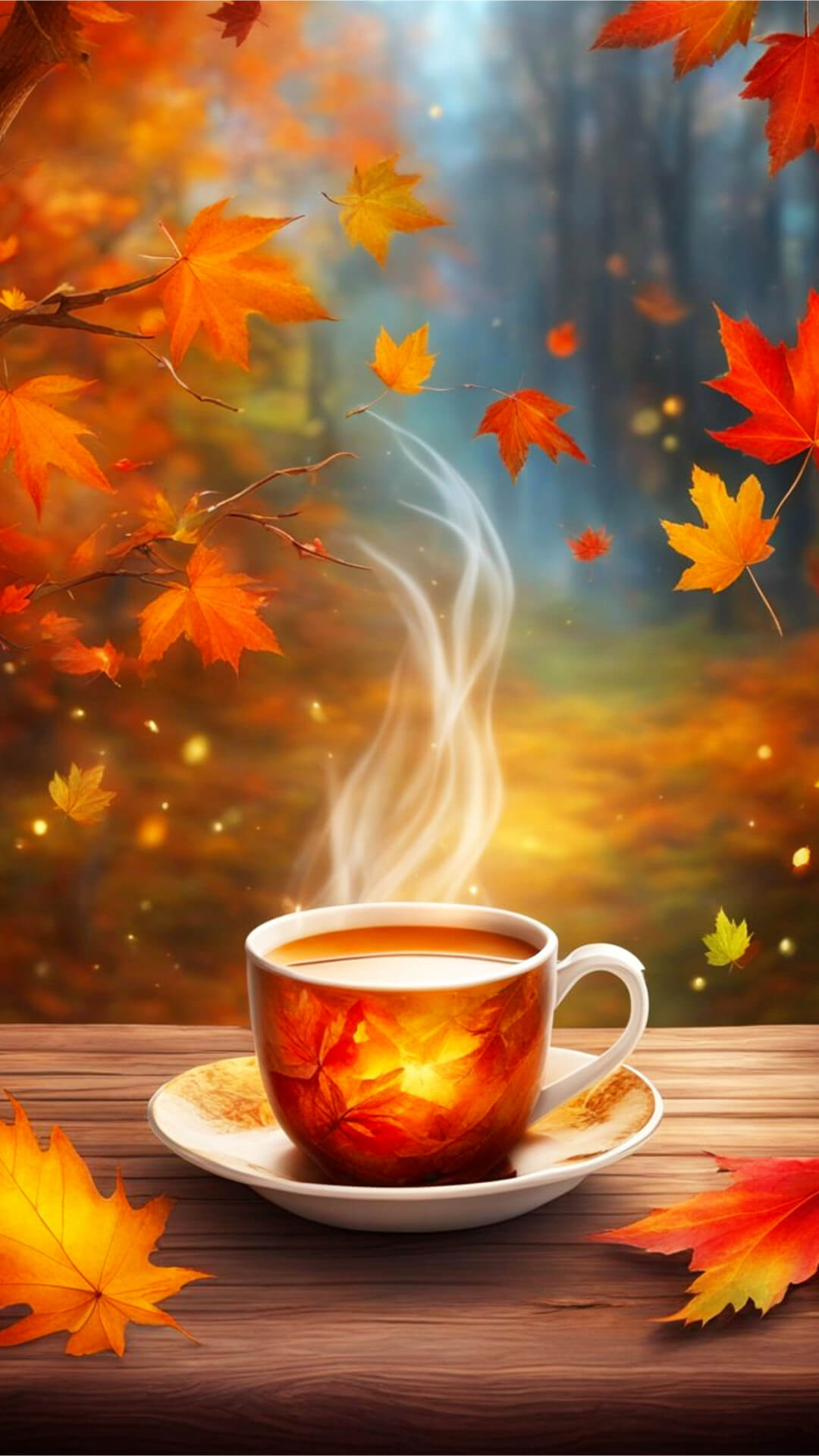 Fall Cider Phone Wallpaper - A cup of steaming spiced cider on a wooden table with falling autumn leaves in the background