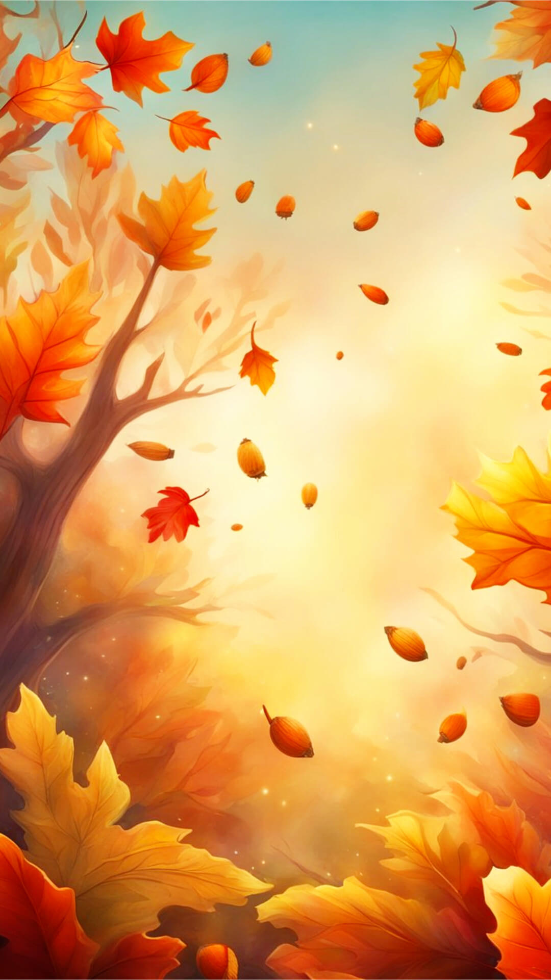 Fall Leaves Phone Wallpaper - Falling Leaves in warm hues of red, oranges and gold intertwined with acorns