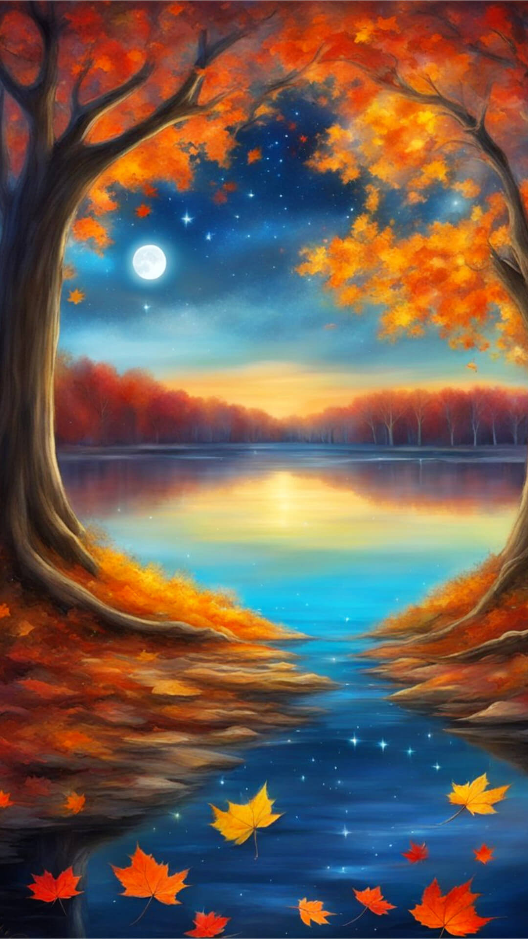 Fall Moon Phone Wallpaper - a luminous harvest moon in a starry sky, vibrant autumn leaves in shades of orange, red, and gold, with silhouettes of bare trees frame the scene, while a t