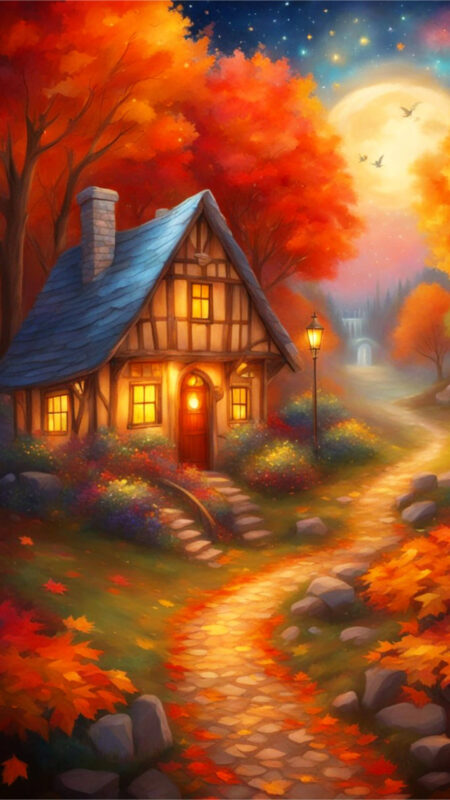 Fall Night Phone Wallpaper - A fall cottage under a full moon and a starry sky in an Autumn landscape