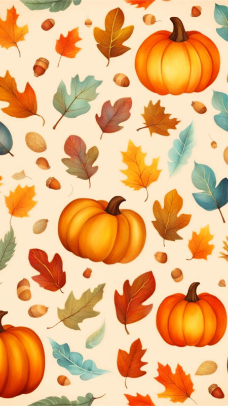 Neutral Fall Pattern Phone Wallpaper - A fall-themed phone wallpaper with colorful leaves, acorns, and pumpkins on a neutral background