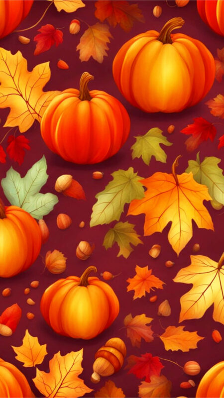 Vibrant Fall Pattern Phone Wallpaper - Autumn leaves in rich reds, oranges, and yellows interspersed with acorns and pumpkins