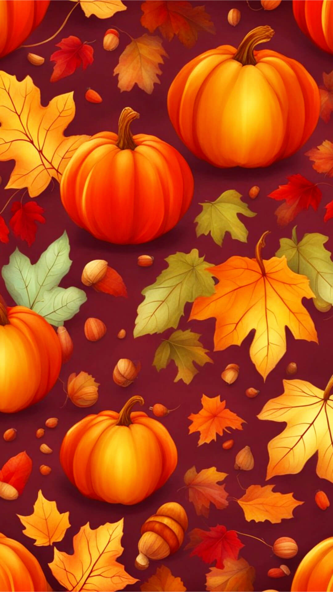 Fall Pattern Phone Wallpaper - Autumn leaves in rich reds, oranges, and yellows interspersed with acorns and pumpkins