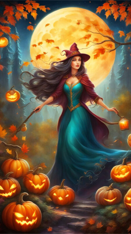 Witchy Fall Phone Wallpaper - An Autumn witch in an enchanting fall forest surrounded by glowing pumpkins under a full moon