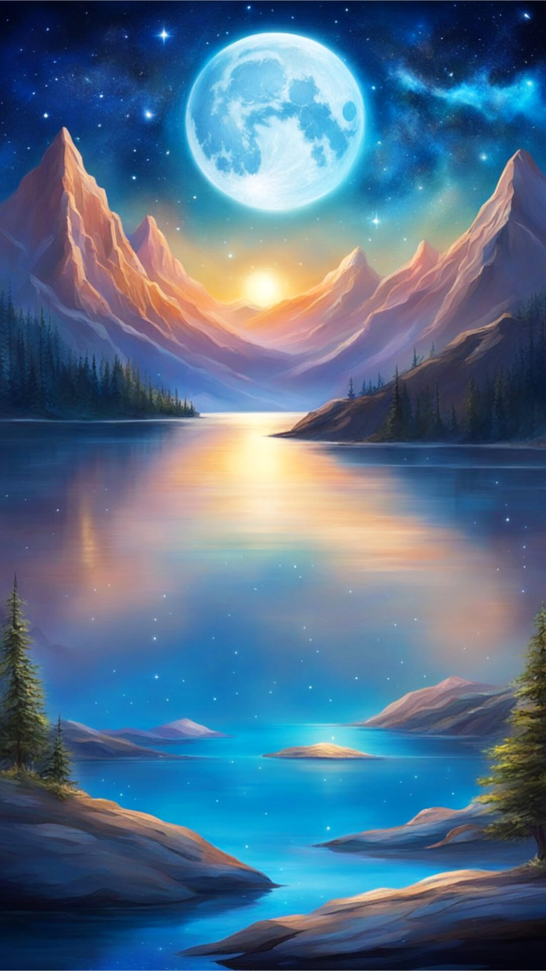 Blue Moon Phone Wallpaper - A serene blue moon illuminating a starry, midnight sky, shining over mountains and a calm lake. dreamlike atmosphere and a celestial theme.