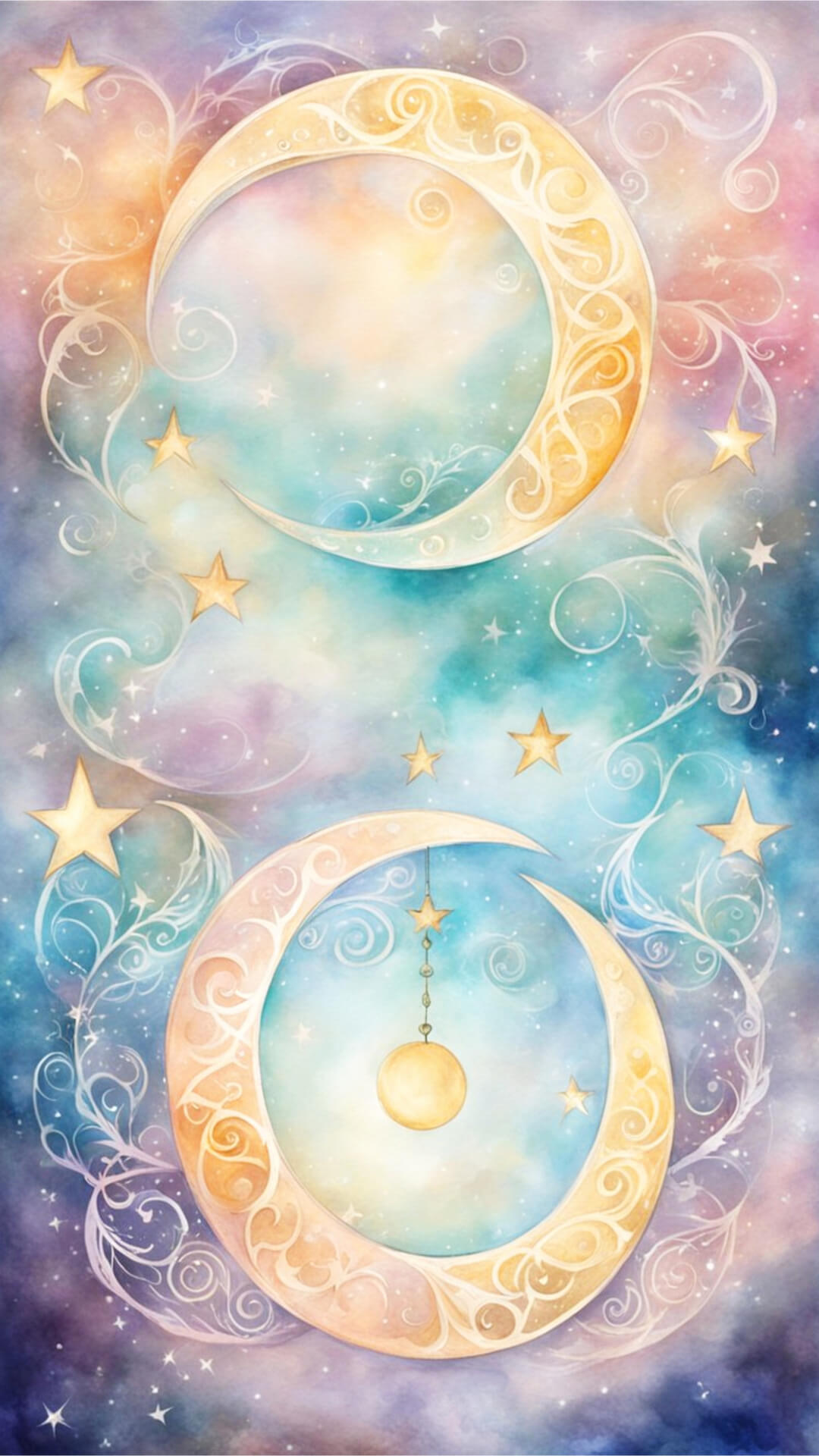 Boho Moon Phone Wallpaper - Crescent moon in soft pastel colors, celestial background with twinkling stars and gentle swirls, dreamy atmosphere, harmonious composition