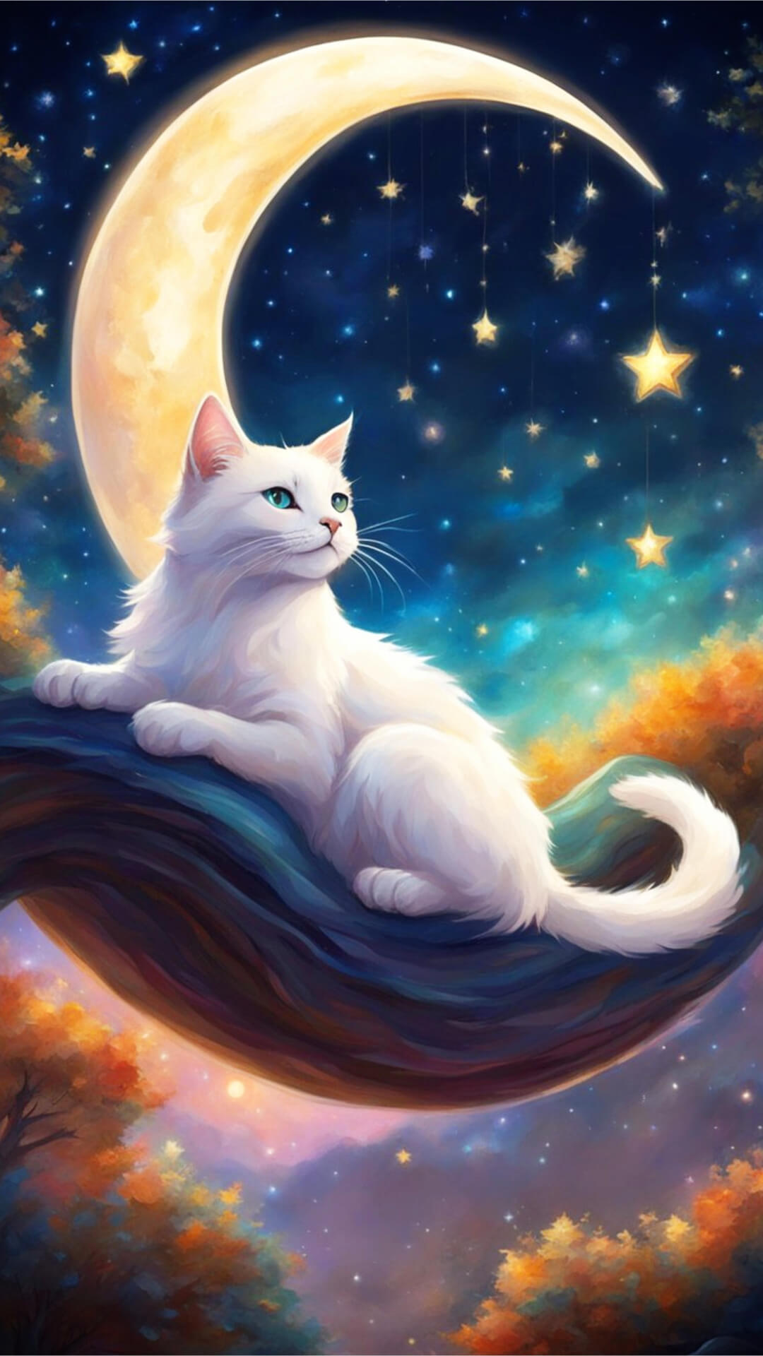 Cat Moon Phone Wallpaper - A fluffly cat with a crescent moon and a starry sky in the background