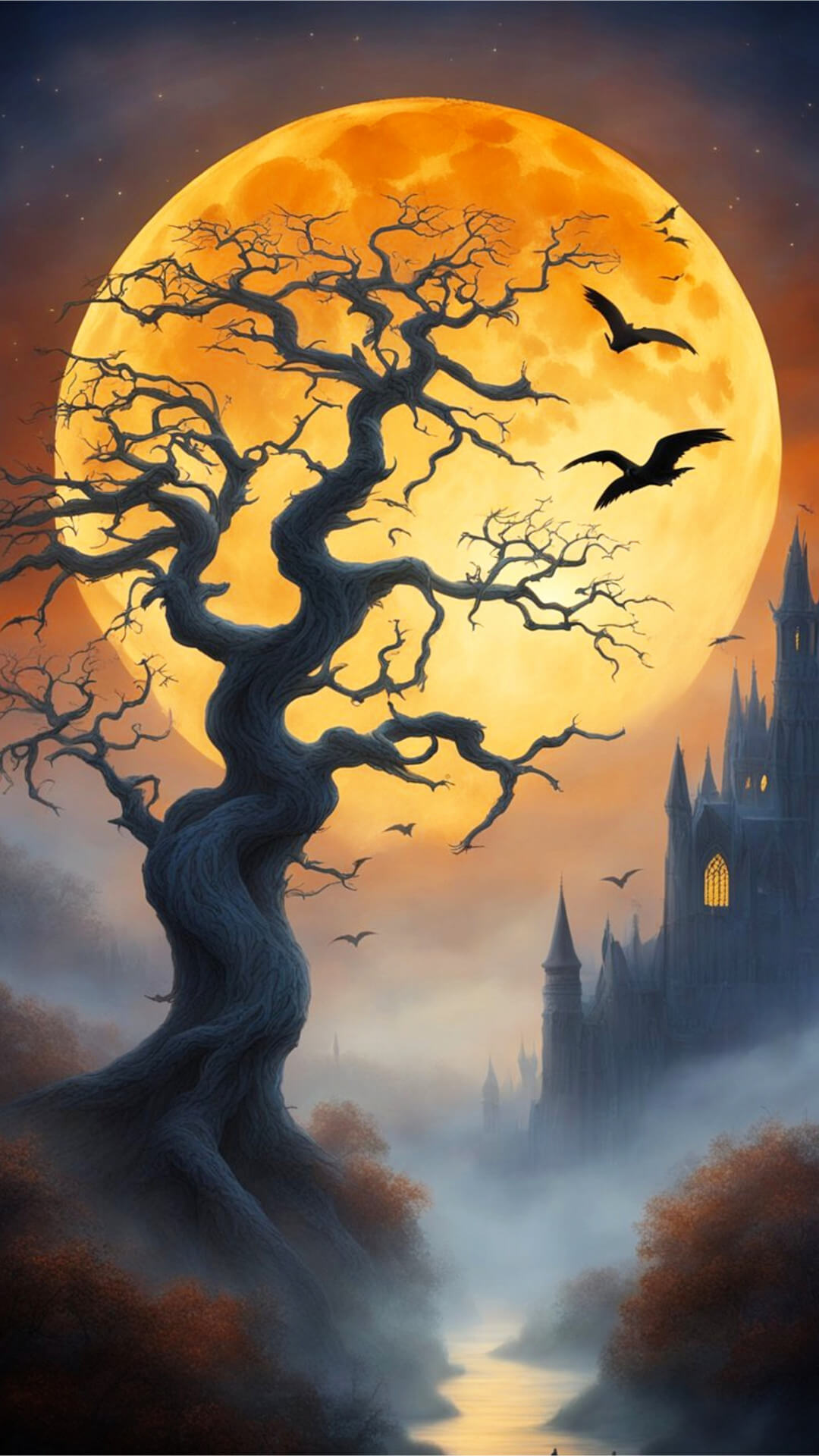 Gothic Moon Phone Wallpaper - A stunning gothic-inspired full moon illuminated against a dark, starry sky. The foreground includes intricate silhouettes of twisted trees, spires and arches.