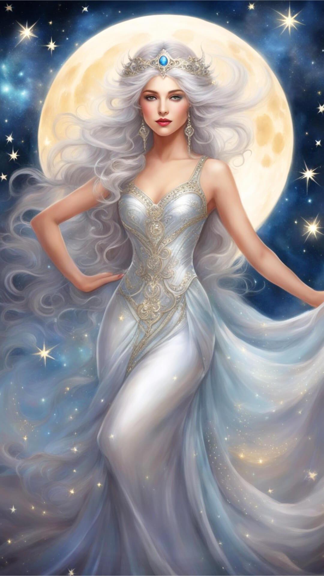 Moon Goddess Phone Wallpaper - A Moon goddess with flowing silver hair wearing a shimmering gown, full moon and starry sky in the background.