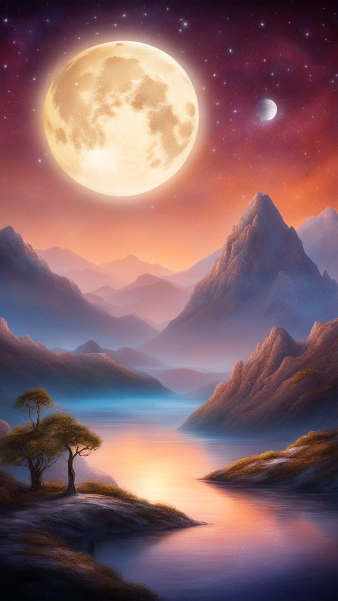 Moon Phone Wallpaper - a luminous full moon surrounded by a starry night sky. Silhouetted mountains frame the bottom of the image, while soft clouds drift lazily across the scene.