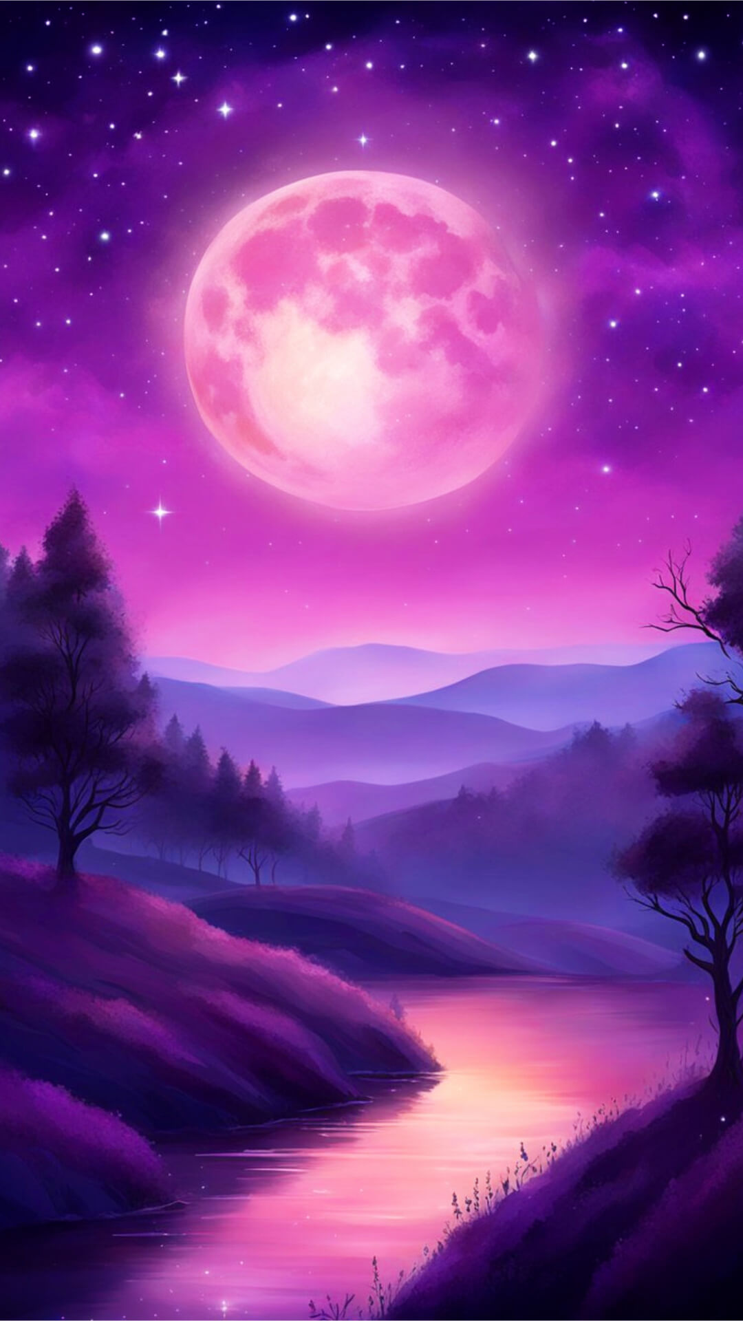 Purple Moon Wallpaper - A luminous purple moon hanging in a starry night sky. Below, a landscape of rolling hills illuminated by the moonlight, with silhouettes of trees casting delicate sh