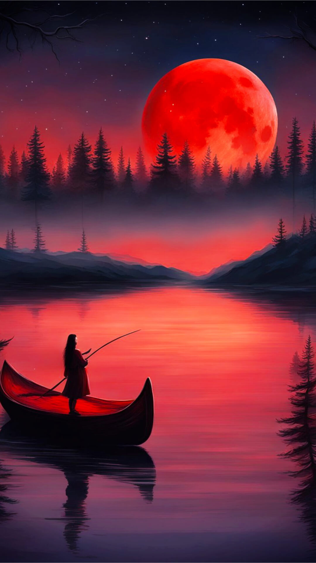 Red Moon Phone Wallpaper - A stunning red moon glowing brightly over a tranquil lake, reflected in the water, surrounded by silhouettes of dark pine trees, ethereal atmosphere, deep sh