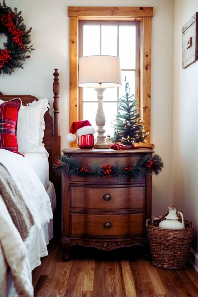 A vintage nightstand adorned with rustic Christmas decor in a cozy farmhouse bedroom