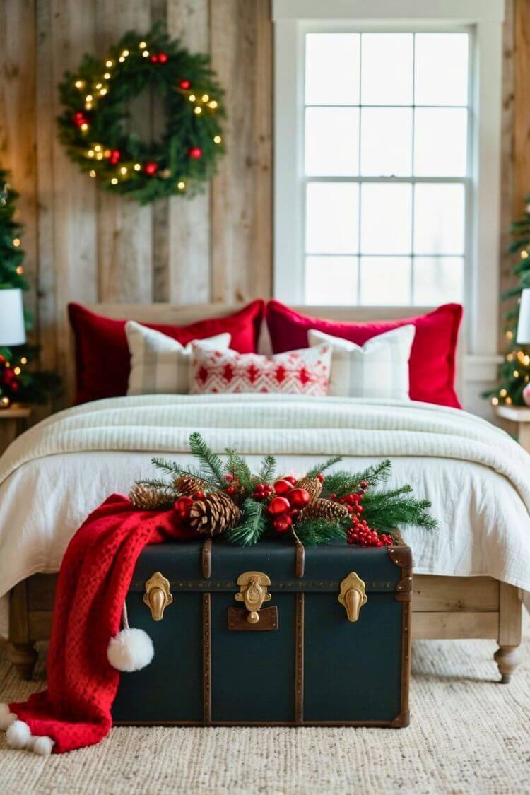 An antique trunk sits at the foot of a cozy farmhouse bed, adorned with festive Christmas decor