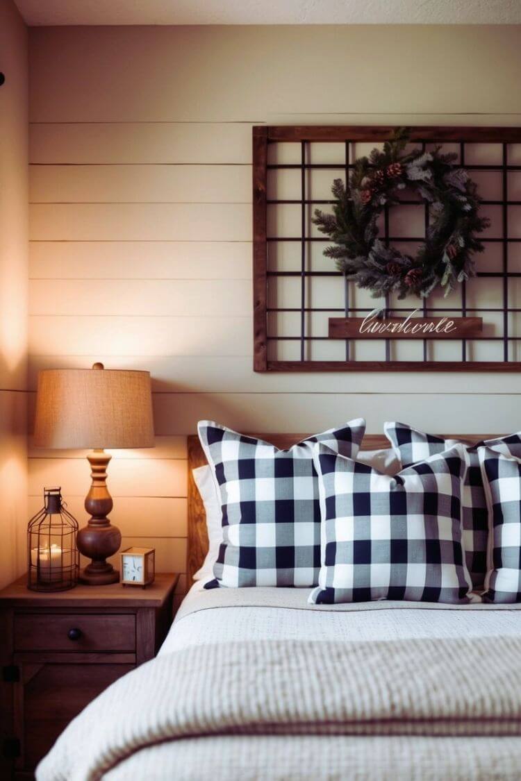 A cozy farmhouse bedroom with buffalo check pillows, warm lighting, and rustic decor