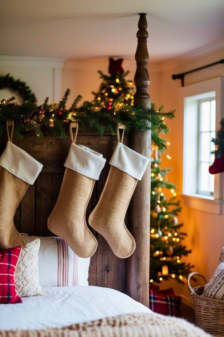 A cozy farmhouse bedroom with burlap stockings hanging from a rustic wooden bedpost, surrounded by festive Christmas decor and warm lighting