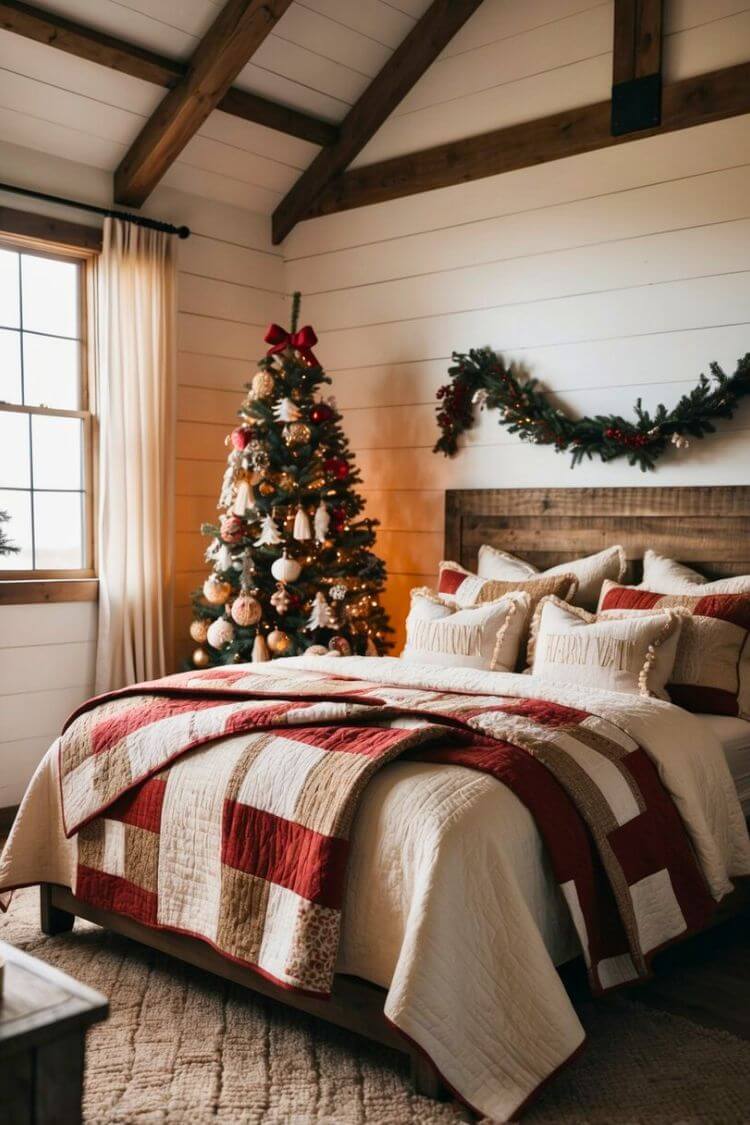 A cozy farmhouse bedroom with rustic quilts, festive holiday decor, and warm lighting