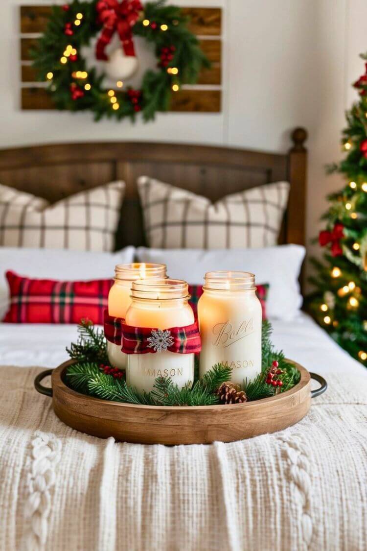 A cozy farmhouse bedroom with Mason jar candle holders, adorned with festive Christmas decor