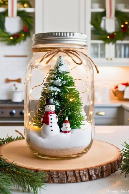 Mason Jar filled with fake snow, a miniature Christmas tree, a snowman figure and small fairy lights. In the background there are glimpses of a Farmhouse-style kitchen decorated for the Holiday season