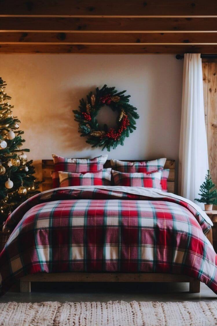 A cozy bed with plaid flannel bedding in a rustic farmhouse bedroom decorated for Christmas