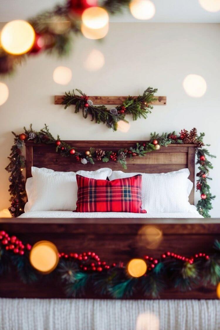 A cozy bedroom with a rustic wooden headboard adorned with festive farmhouse Christmas decor