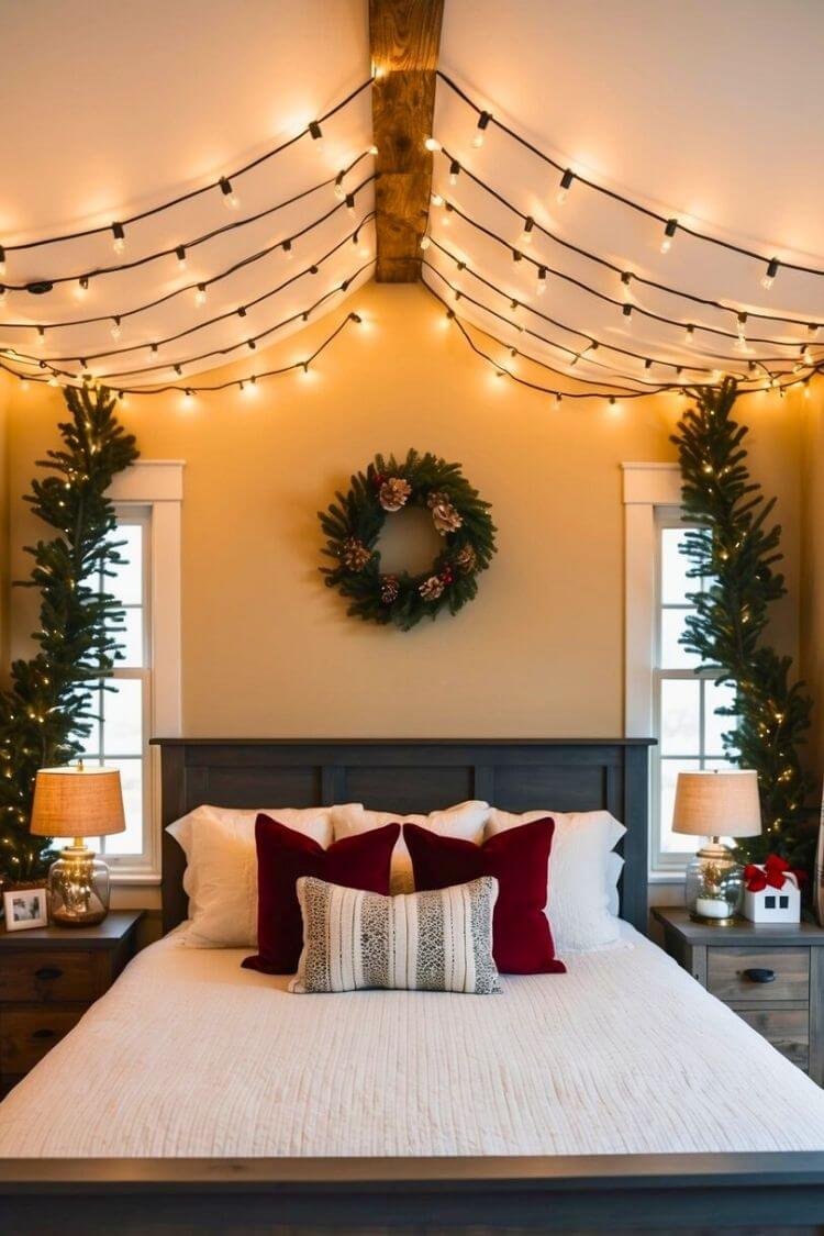 A cozy bedroom with a canopy of string lights above a farmhouse-style bed, creating a warm and festive Christmas ambiance