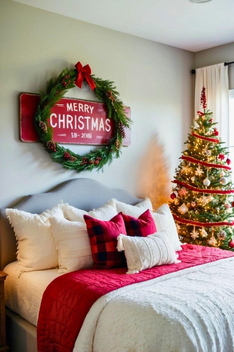 A cozy farmhouse bedroom decorated for Christmas with a vintage sign and festive decor