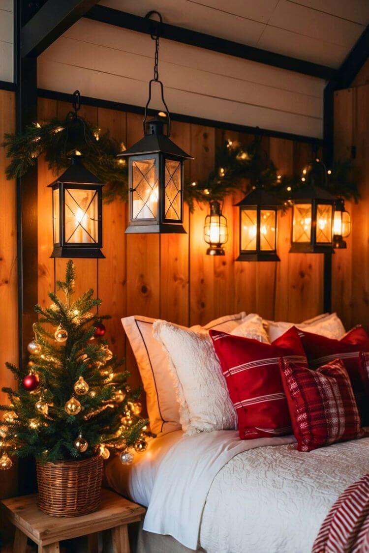 A cozy farmhouse bedroom adorned with vintage lantern lamps, creating a warm and festive Christmas atmosphere