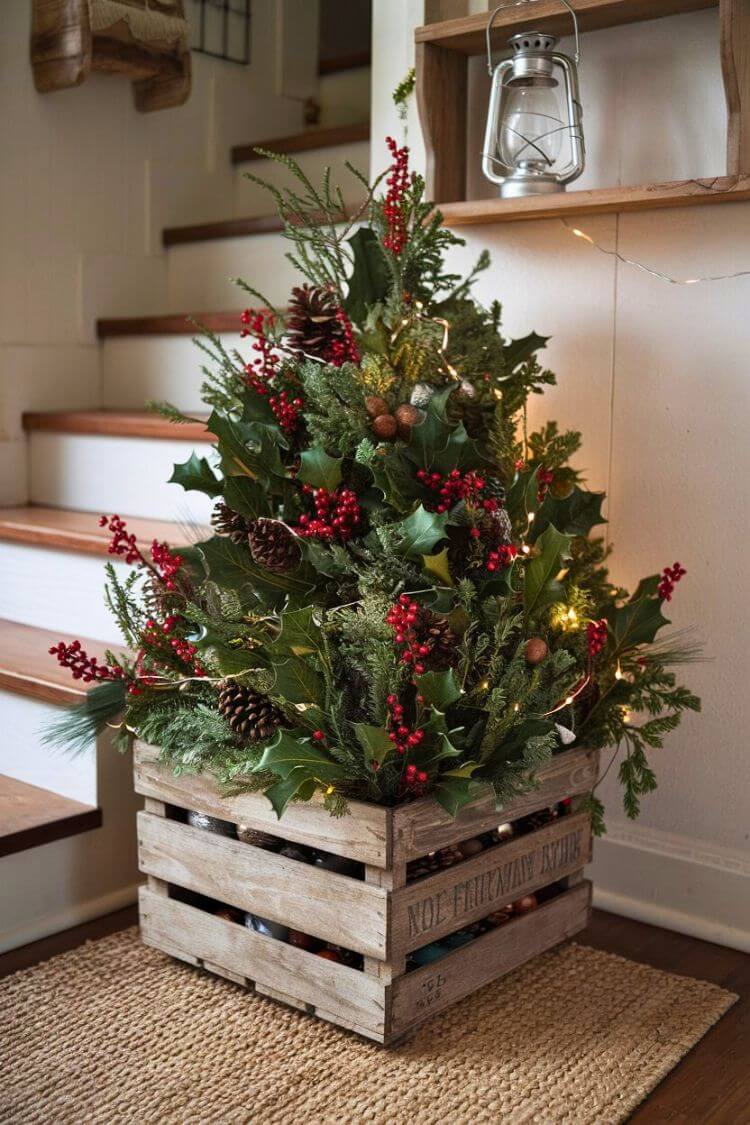 A rustic wooden crate filled with festive greenery and ornaments, serving as a unique Christmas tree display in a farmhouse entryway