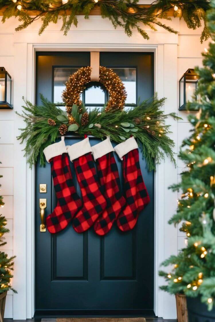 A rustic farmhouse entryway adorned with buffalo plaid stockings, surrounded by festive greenery and twinkling lights