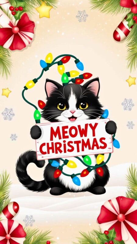 A black and white cat wrapped in Christmas lights holding a sign that says "Meowy Christmas."