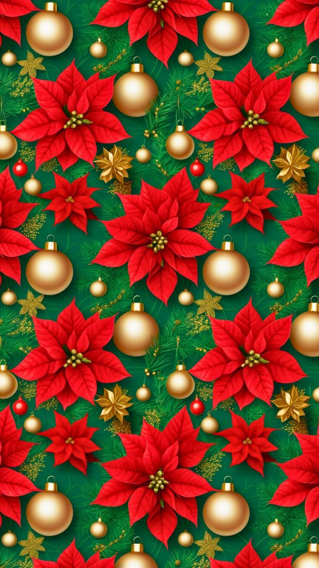 Poinsettias and Golden Ornaments Phone Wallpaper