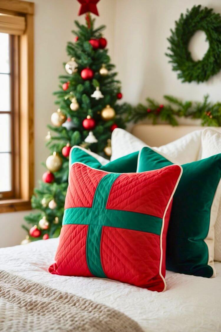 Red and Green Quilted Pillow