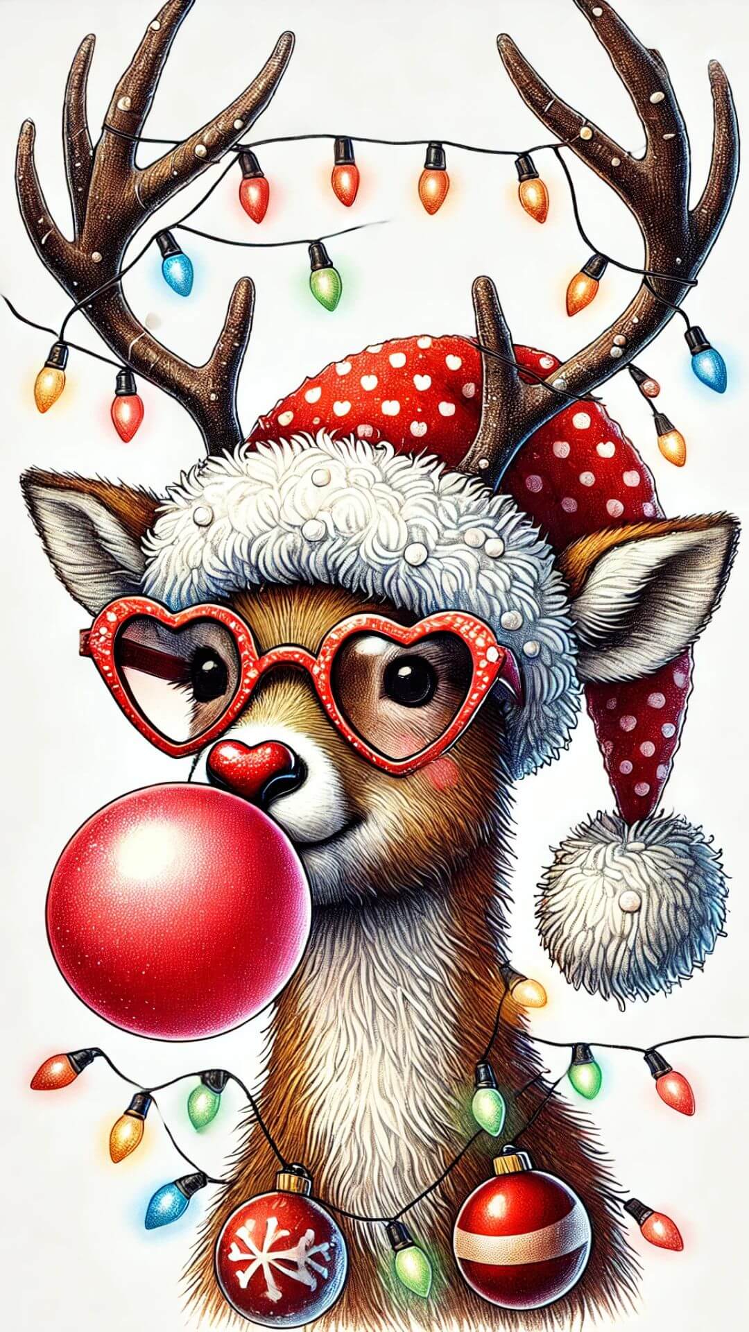 Reindeer with a red nose blowing bubblegum