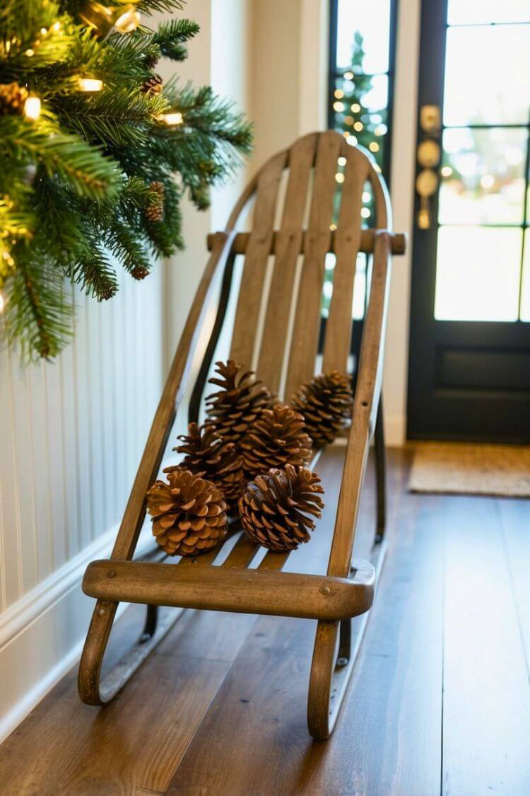 Vintage Sled with Pinecones