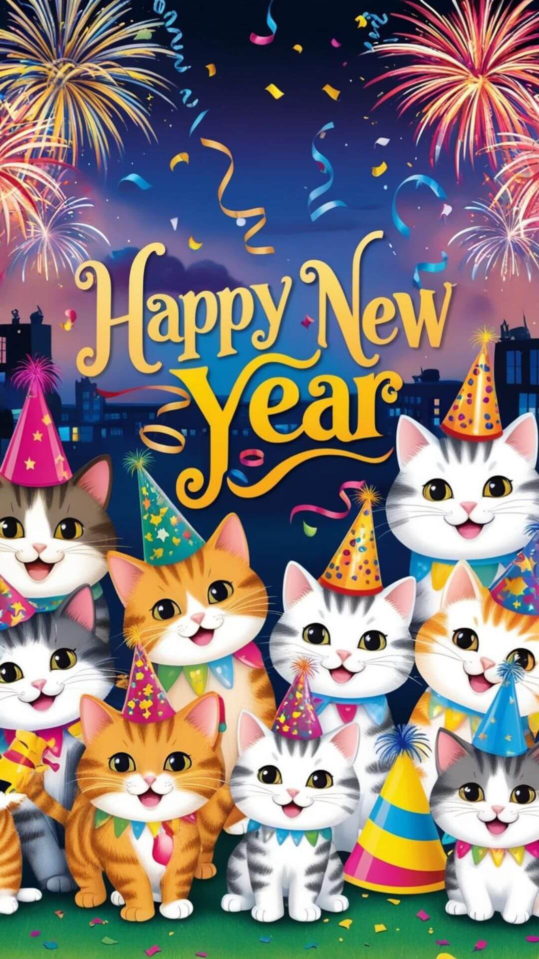 Cats in Party Hats New Year Phone Wallpaper