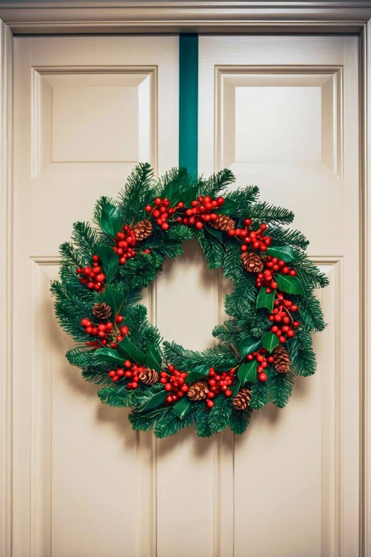 Christmas Wreath with Red Berries and Green Leaves