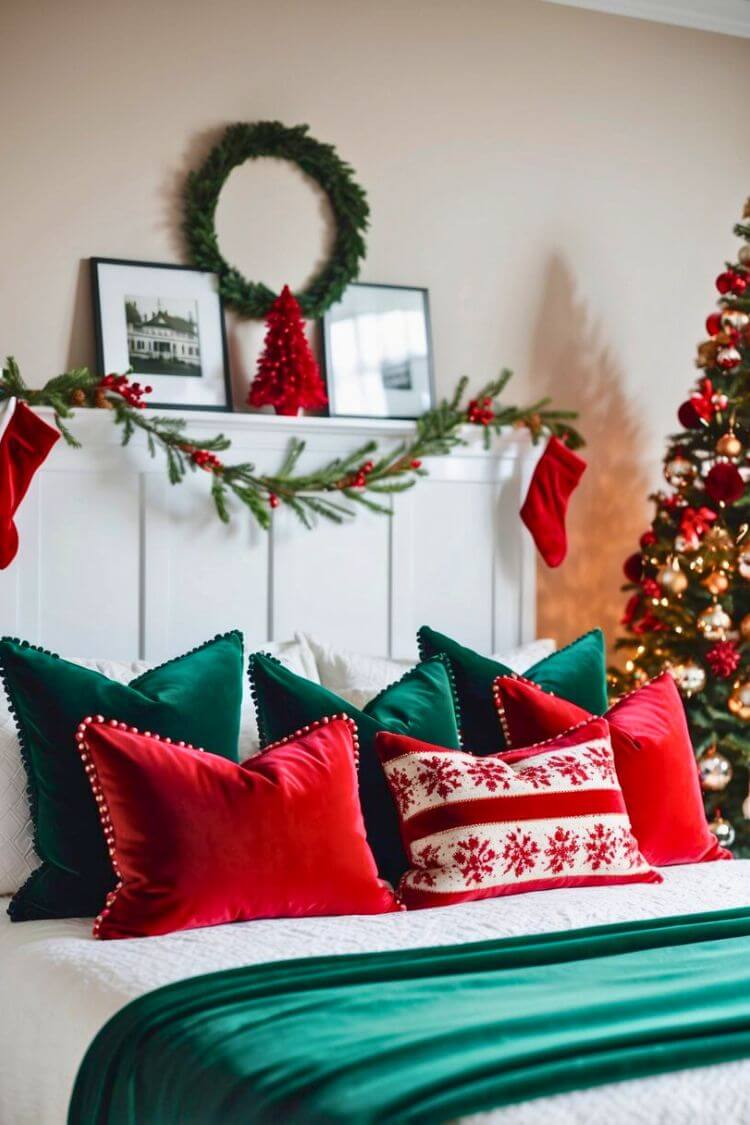 Velvet red and green cushion covers