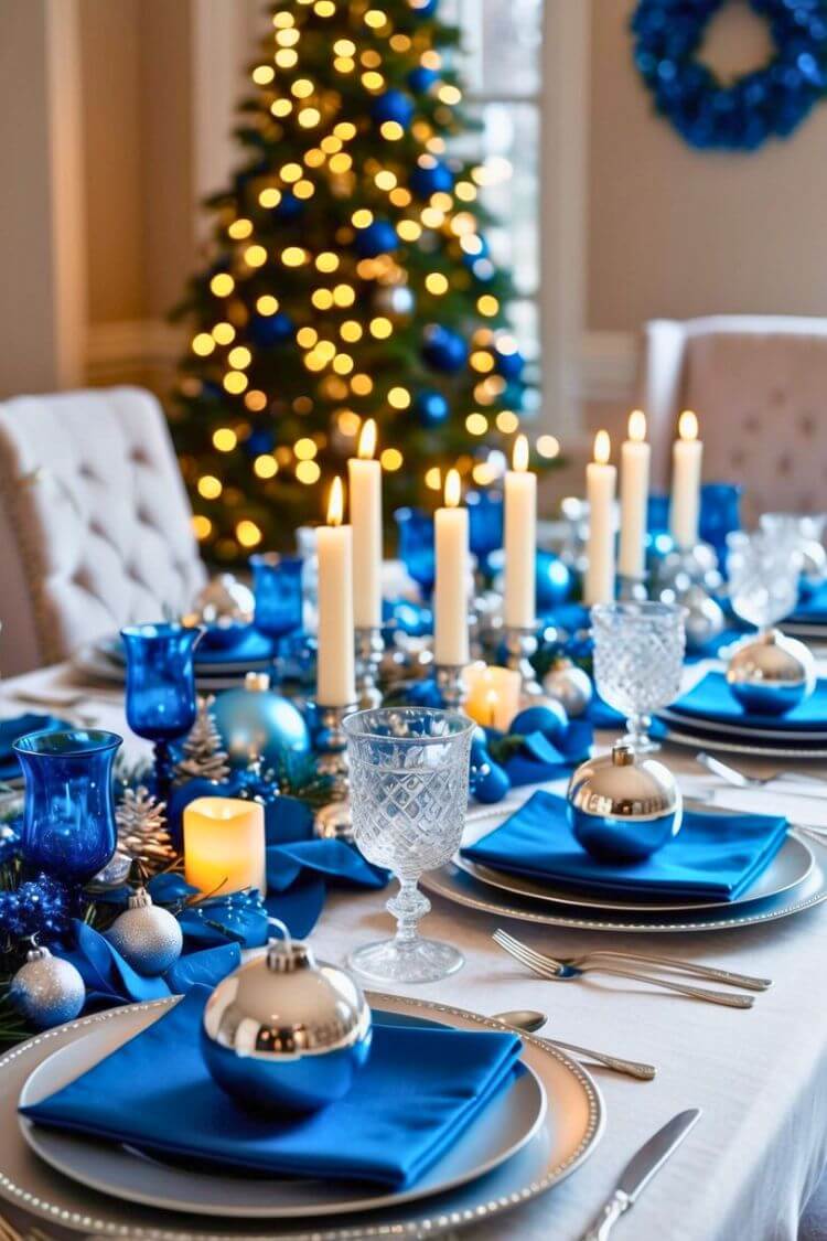 A festive table set with blue and silver Christmas decorations, including ornaments, candles, and elegant place settings