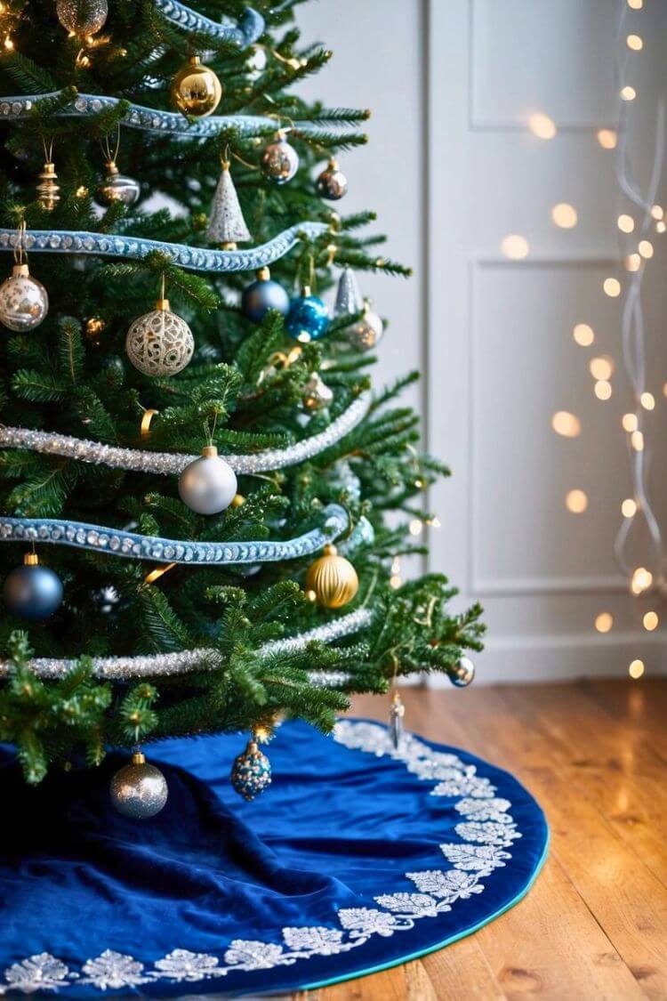 Blue Velvet Plush Tree Skirt with Silver Embroidered Vintage Pattern surrounds a beautifully decorated Christmas tree, blue and silver Christmas decor aesthetic