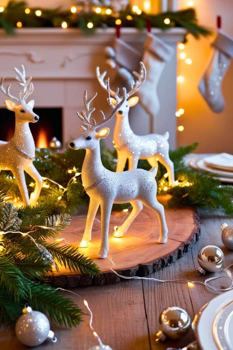 Glittery White Reindeer Figures