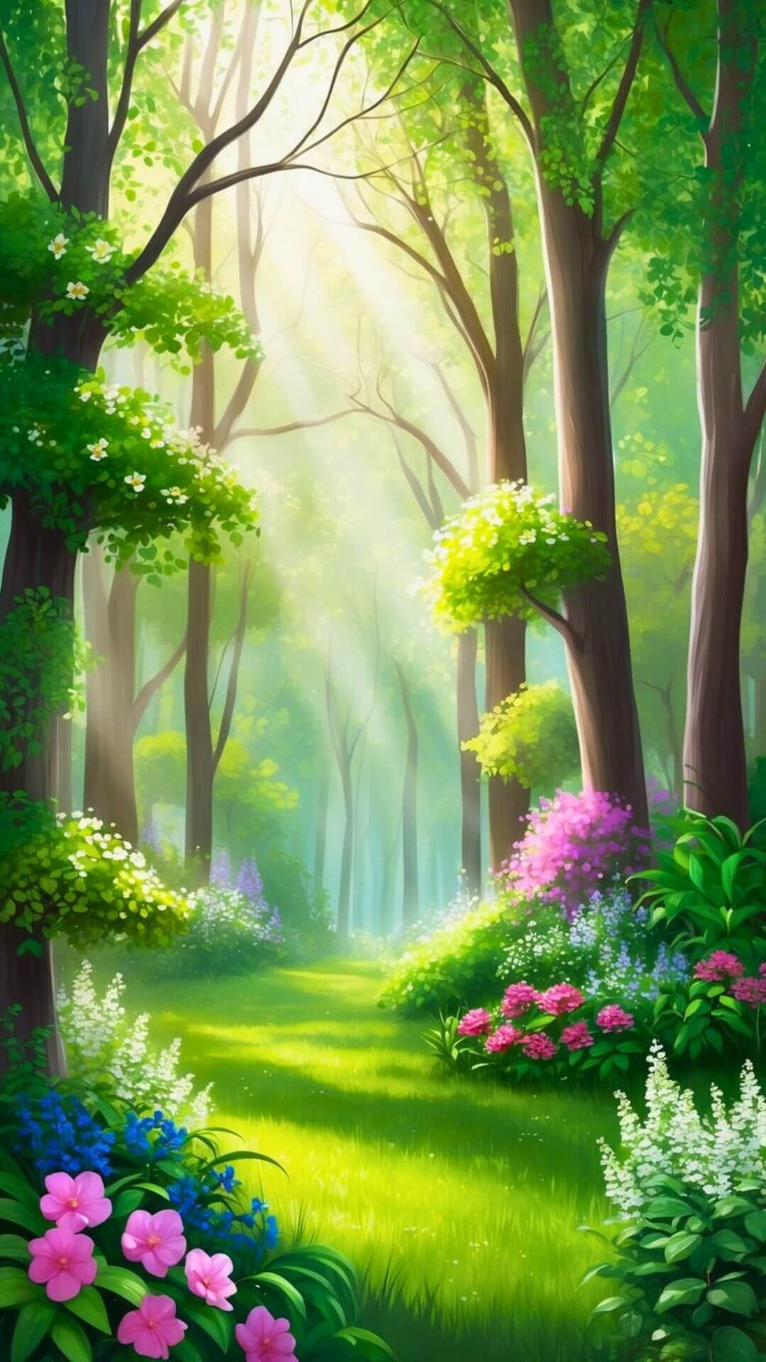 A serene forest with blooming flowers and vibrant greenery, dappled sunlight filtering through the trees, creating a peaceful and tranquil atmosphere