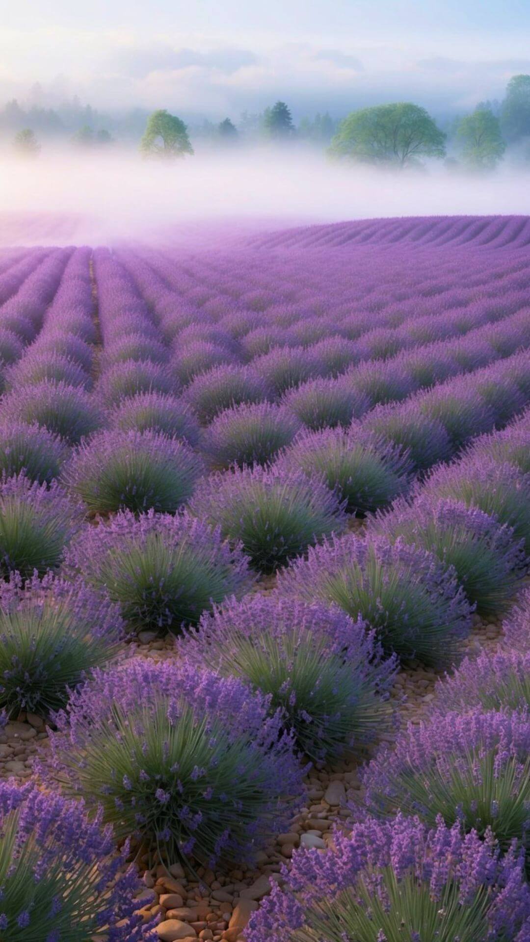 A serene meadow of blooming lavender with misty spring air